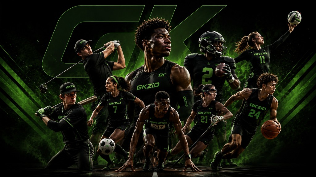 Athletes in GKZiD gear — golf, football, soccer, baseball, track, basketball, lacrosse, and volleyball.